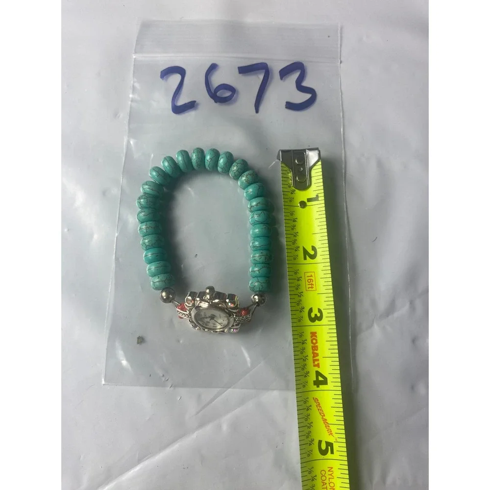 Geneva Turquoise Beaded Stretch Bracelet Watch Boho Silver Tone Analog Quartz